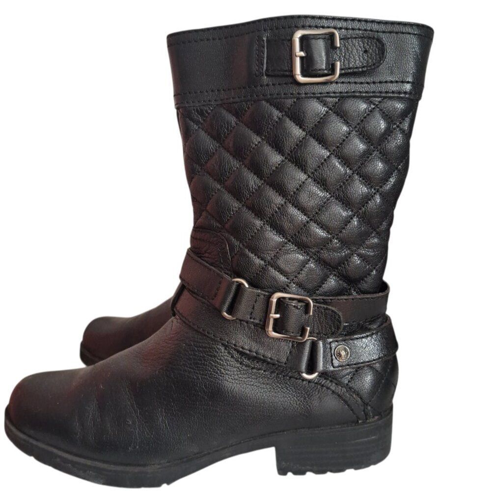 Anne Klein Women's Black Moto Quilted Harness Leather Boots Sz 7.5